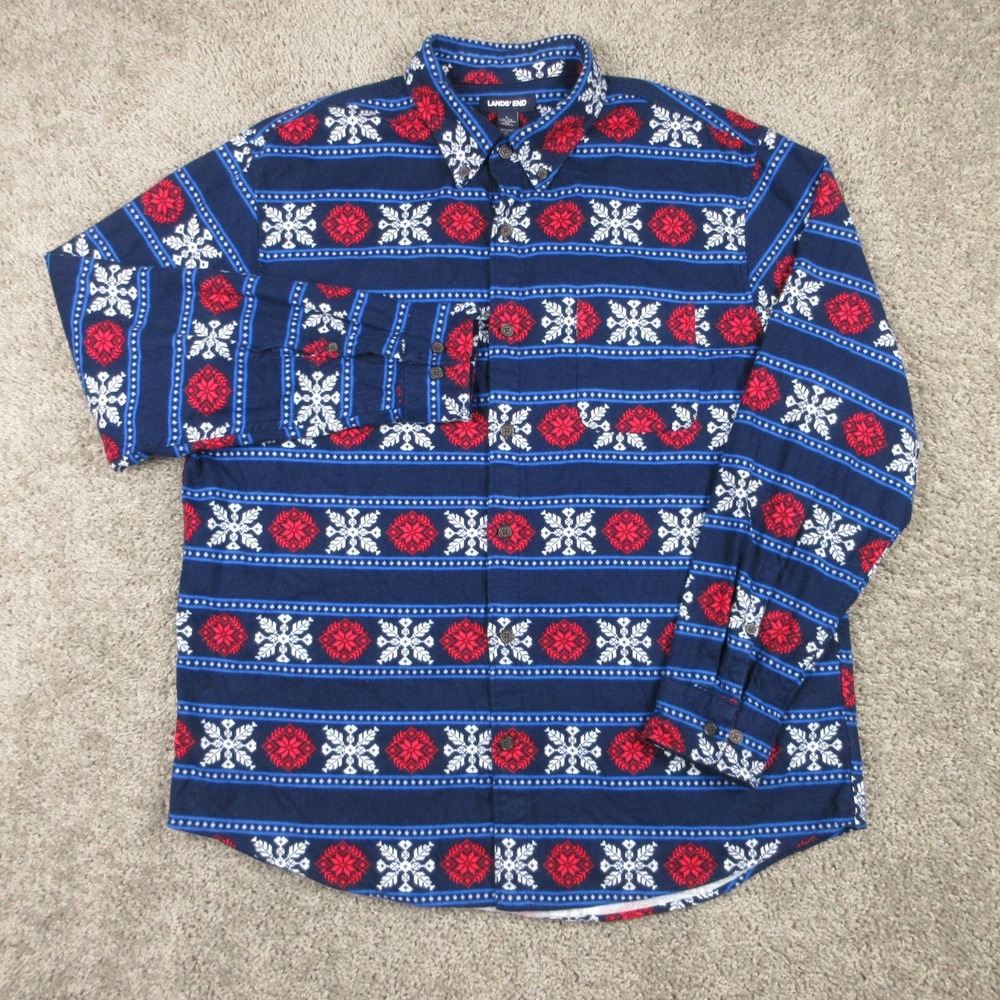 Lands End Shirt Mens Large Blue Fair Isle Snow Flake Winter Flannel Button Up